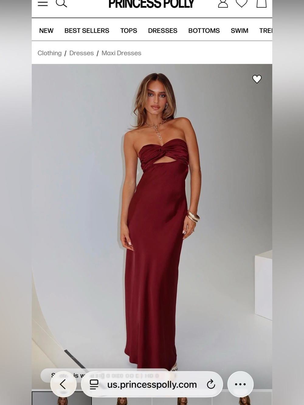 Princess Polly Strapless Twist Front Maxi Dress in Burgundy